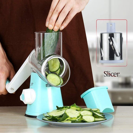 3 in1 Rotary Vegetable Slicer Cheese Grater Manual Food Drum Chopper Shredder AU~Blue