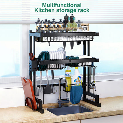 95cm 2Tier Over Sink Dish Drying Rack Drainer Steel Cup Cutlery Organizer