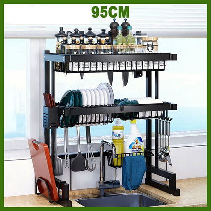 95cm 2Tier Over Sink Dish Drying Rack Drainer Steel Cup Cutlery Organizer