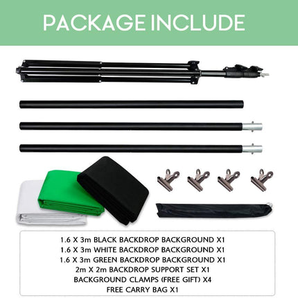 3m Studio Backdrop Stand Kit with Black,  White & Green Screen