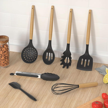 Set of 14 Silicone Utensils Set Wooden Cooking Kitchen Baking Cookware ~ Black