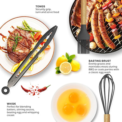 Set of 14 Silicone Utensils Set Wooden Cooking Kitchen Baking Cookware ~ Black