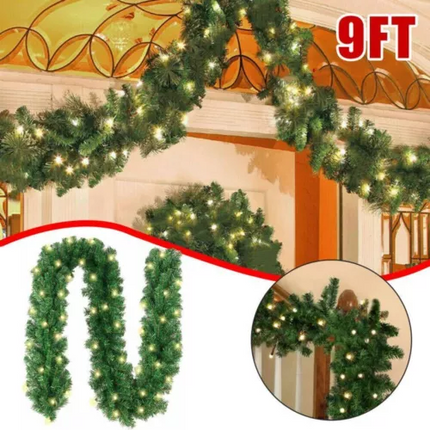 9FT Artificial Christmas Garland with LED Lights Wreath Stairs Home Rattan Decor