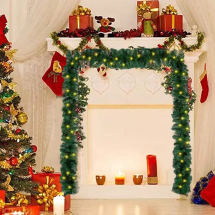 9FT Artificial Christmas Garland with LED Lights Wreath Stairs Home Rattan Decor