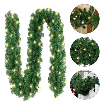 9FT Artificial Christmas Garland with LED Lights Wreath Stairs Home Rattan Decor