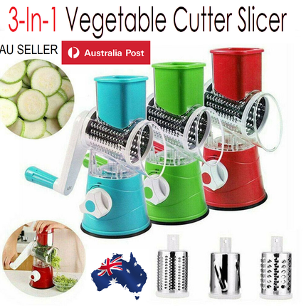 3 in1 Rotary Vegetable Slicer Cheese Grater Manual Food Drum Chopper Shredder AU~Blue