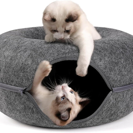 Cat Tunnel Bed Felt Pet Puppy Nest Cave House Round Donut Interactive Play Toy - Large Dark Grey