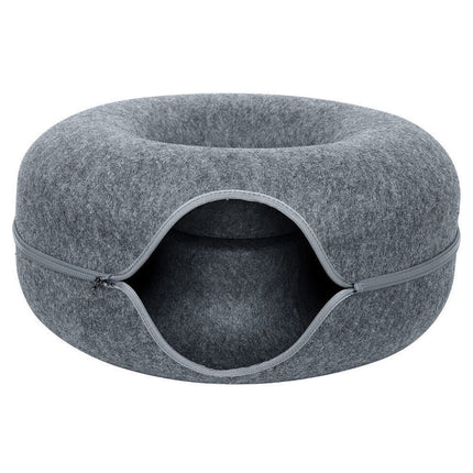 Cat Tunnel Bed Felt Pet Puppy Nest Cave House Round Donut Interactive Play Toy - Large Dark Grey