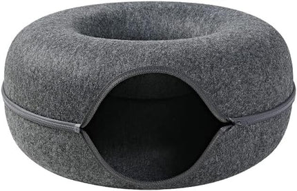 Cat Tunnel Bed Felt Pet Puppy Nest Cave House Round Donut Interactive Play Toy - Large Dark Grey