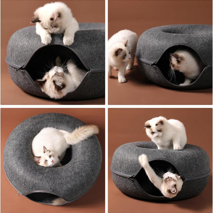 Cat Tunnel Bed Felt Pet Puppy Nest Cave House Round Donut Interactive Play Toy - Large Dark Grey