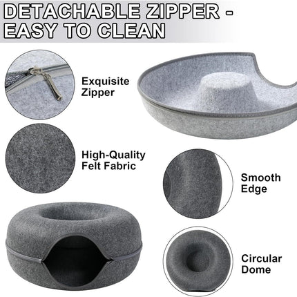 Cat Tunnel Bed Felt Pet Puppy Nest Cave House Round Donut Interactive Play Toy - Large Dark Grey