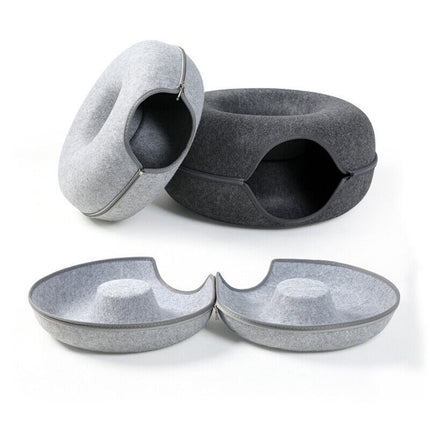 Cat Tunnel Bed Felt Pet Puppy Nest Cave House Round Donut Interactive Play Toy - Large Dark Grey