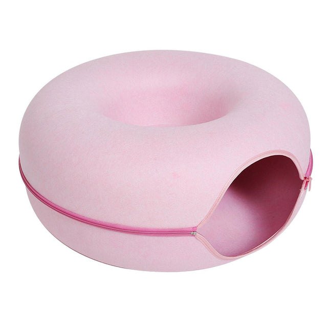 Cat Tunnel Bed Felt Pet Puppy Nest Cave House Round Donut Interactive Play Toy - Medium Pink