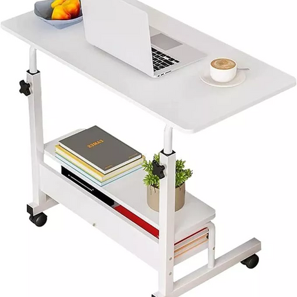 Mobile Desk Height Adjustable Sit to Stand Table Tray Sofa Side Bed Laptop Cart Portable with Wheels Overbed Rolling (Color : White)
