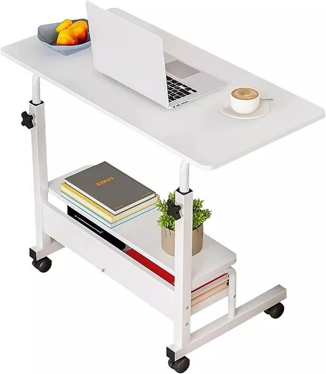 Mobile Desk Height Adjustable Sit to Stand Table Tray Sofa Side Bed Laptop Cart Portable with Wheels Overbed Rolling (Color : White)