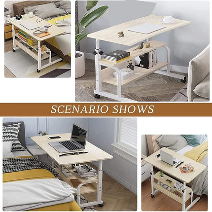 Mobile Desk Height Adjustable Sit to Stand Table Tray Sofa Side Bed Laptop Cart Portable with Wheels Overbed Rolling (Color : White)