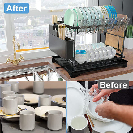 2 Tier Kitchen Cutlery Organizer Storage Dish Rack Drying Drainer Tray Cup Holder