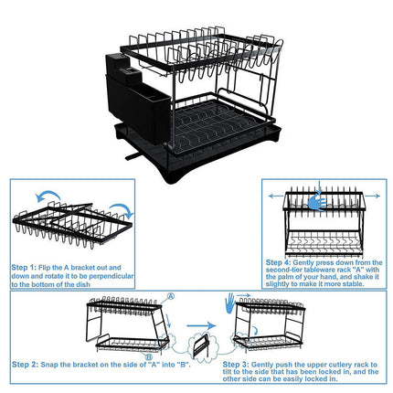 2 Tier Kitchen Cutlery Organizer Storage Dish Rack Drying Drainer Tray Cup Holder