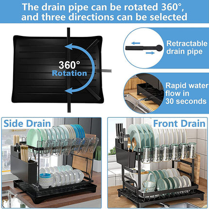 2 Tier Kitchen Cutlery Organizer Storage Dish Rack Drying Drainer Tray Cup Holder