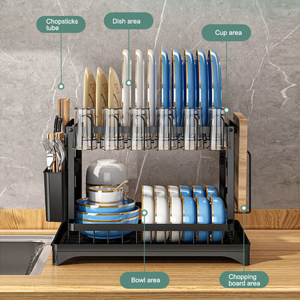 2 Tier Kitchen Cutlery Organizer Storage Dish Rack Drying Drainer Tray Cup Holder