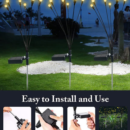 Set of 4 Solar Firefly Garden Lights 6LED Swaying Outdoor Eater Waterproof Landscape - Warm White