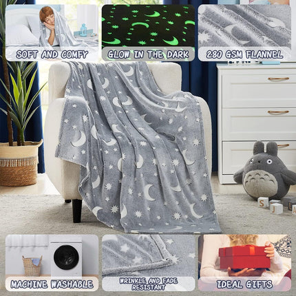 Glow in The Dark Blanket Soft Star Moon Kids Throw Blanket for Boys Girls Kids 130cmx160cm~Grey Star Model
