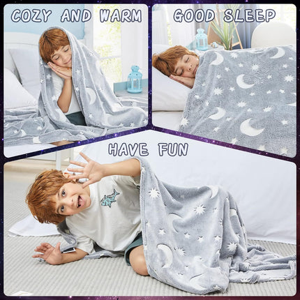 Glow in The Dark Blanket Soft Star Moon Kids Throw Blanket for Boys Girls Kids 130cmx160cm~Grey Star Model
