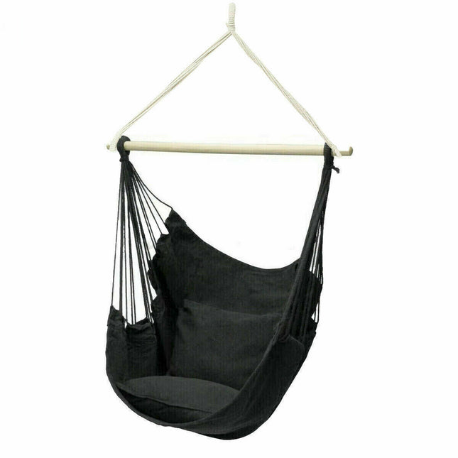Portable Hanging Hammock Chair Swing Garden Outdoor Camping Soft with 2 x Cushions ~ Black