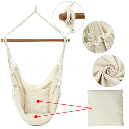 Portable Hanging Hammock Chair Swing Garden Outdoor Camping Soft with 2 x Cushions ~ White