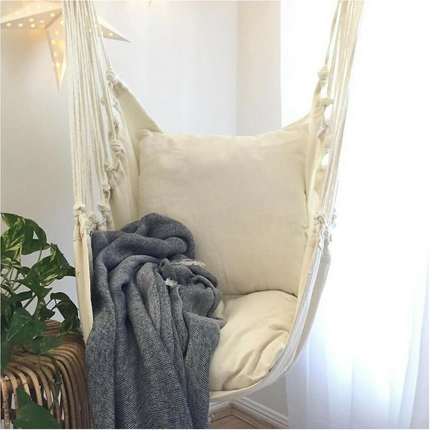 Portable Hanging Hammock Chair Swing Garden Outdoor Camping Soft with 2 x Cushions ~ White