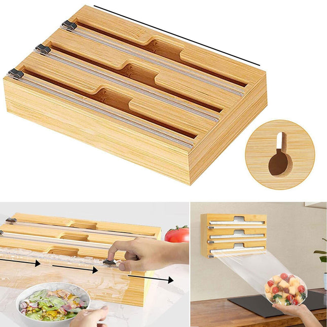 Bamboo Food Wrap Dispenser Cutter Foil Cling Film Storage Holder Box Kitchen