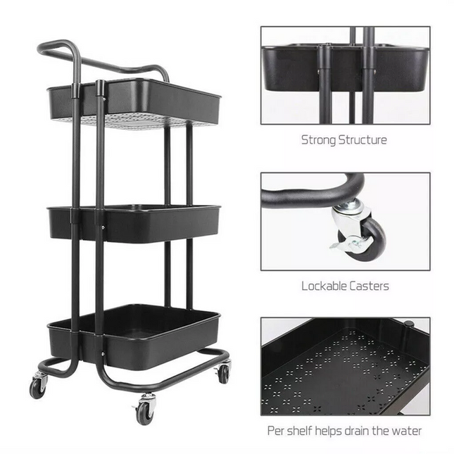 3 Tier Kitchen Storage Trolley Cart Steel Rack Utility Rolling Cart with Handle Organization Cart~Black