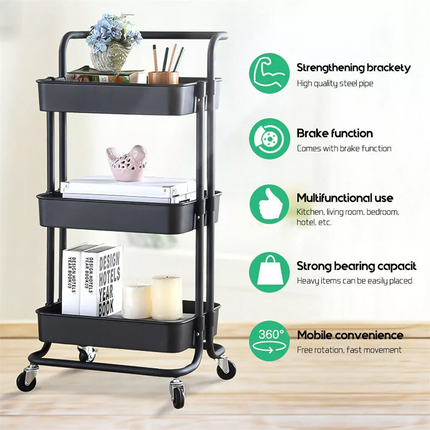 3 Tier Kitchen Storage Trolley Cart Steel Rack Utility Rolling Cart with Handle Organization Cart~Black