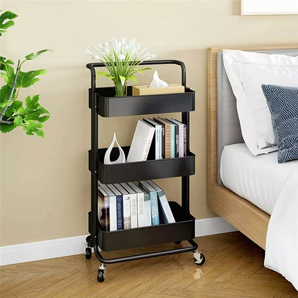 3 Tier Kitchen Storage Trolley Cart Steel Rack Utility Rolling Cart with Handle Organization Cart~Black