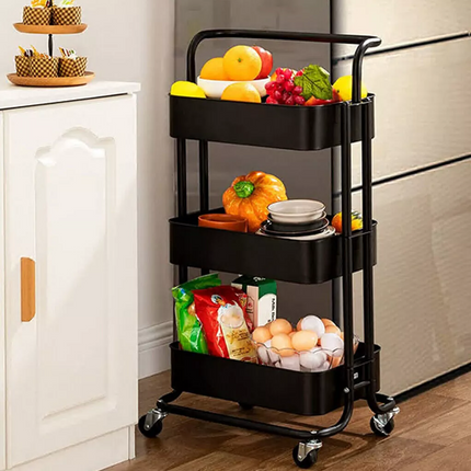 3 Tier Kitchen Storage Trolley Cart Steel Rack Utility Rolling Cart with Handle Organization Cart~Black