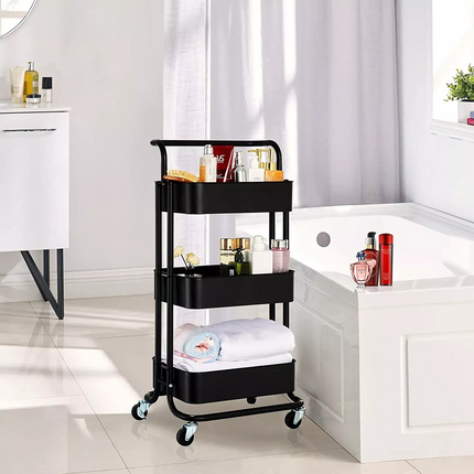 3 Tier Kitchen Storage Trolley Cart Steel Rack Utility Rolling Cart with Handle Organization Cart~Black
