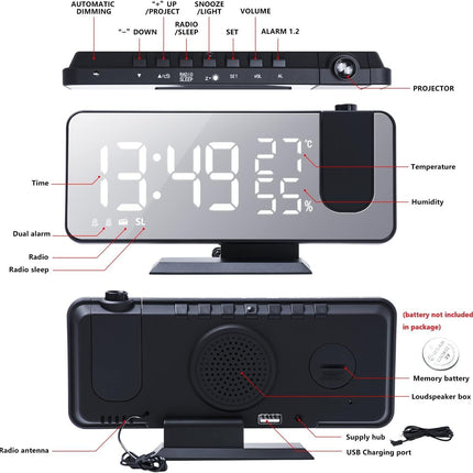 Smart Alarm Clock LED Digital Projection Temperature Time Projector LCD Display