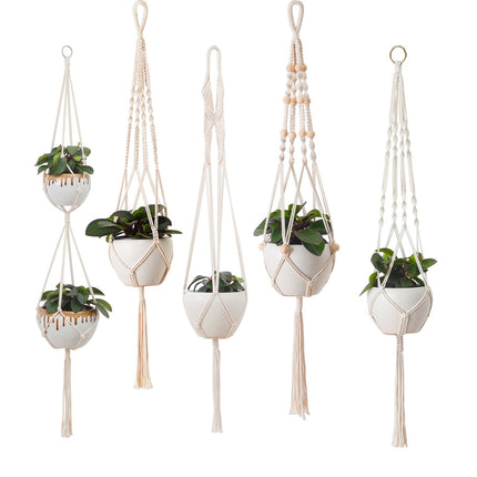 Set of 5 Macrame Plant Hangers Cotton Rope Hanging Planters Set Flower Pots Holder Stand with 6 Hooks for Indoor Outdoor Home Decor