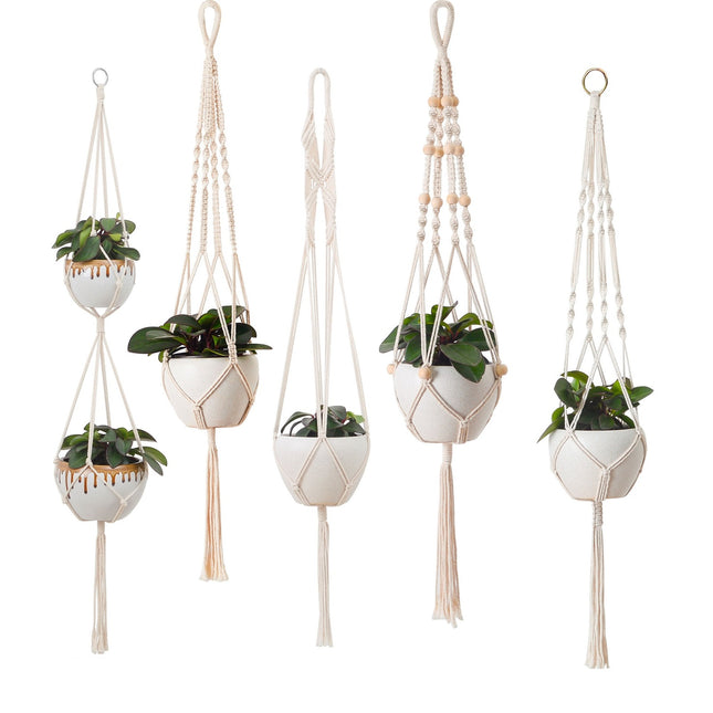 Set of 5 Macrame Plant Hangers Cotton Rope Hanging Planters Set Flower Pots Holder Stand with 6 Hooks for Indoor Outdoor Home Decor