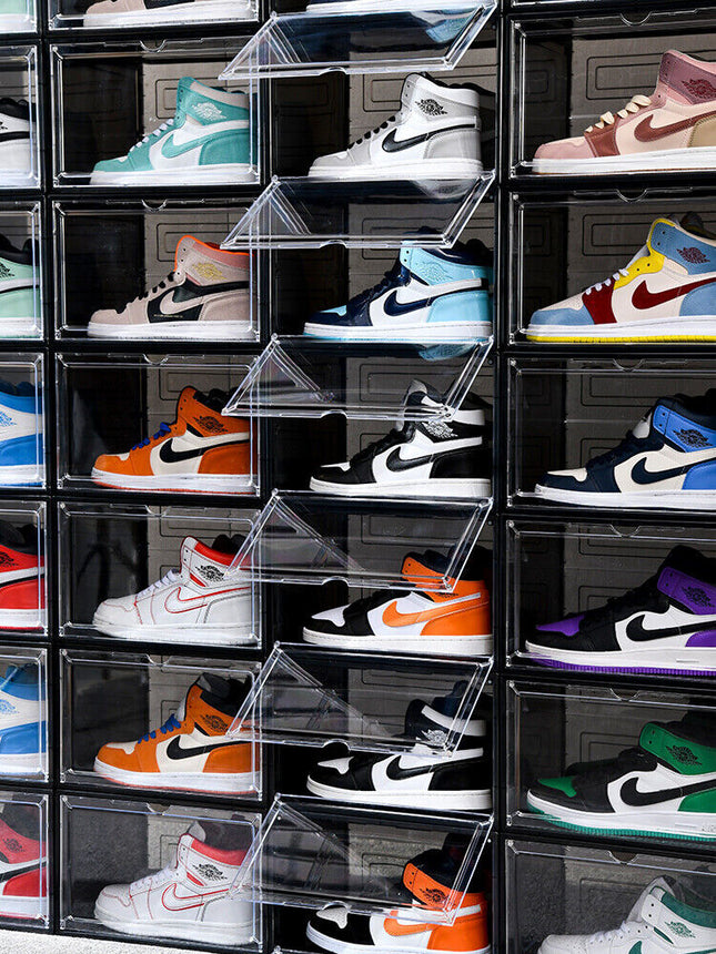 10X Premium Sneaker Display Shoe Box Storage Clear Acrylic Side Opening Door Stackable Boxes  ~ Black