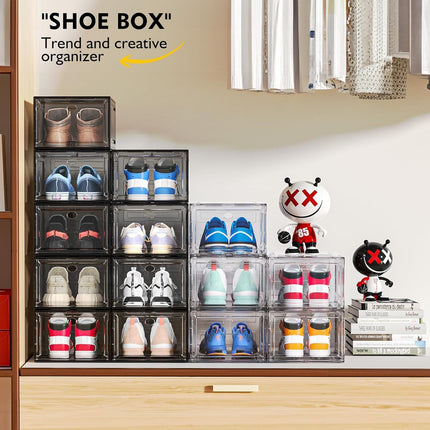10x Premium Shoe Box Display Case Storage Clear Plastic Side Stackable Sneaker - White Side Opening