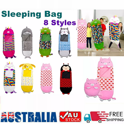 Kids Sleeping Bag Pillow Stuffed Camping Blanket Happy Napper Fluffy 135x50cm