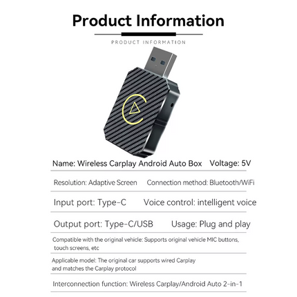 Wireless Carplay 2 in1 Android Adapter WiFi BT Auto Connect Mini USB Dongle