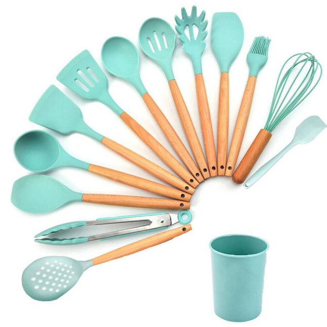 Set of 14 Silicone Utensils Set Wooden Cooking Kitchen Baking Cookware~Green