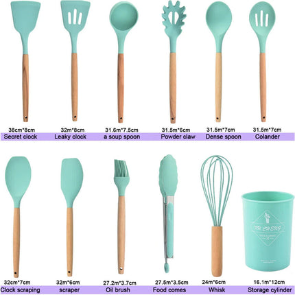 Set of 14 Silicone Utensils Set Wooden Cooking Kitchen Baking Cookware~Green