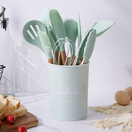 Set of 14 Silicone Utensils Set Wooden Cooking Kitchen Baking Cookware~Green