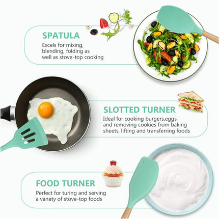 Set of 14 Silicone Utensils Set Wooden Cooking Kitchen Baking Cookware~Green