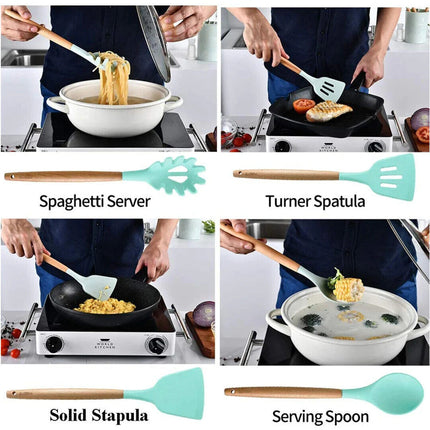 Set of 14 Silicone Utensils Set Wooden Cooking Kitchen Baking Cookware~Green