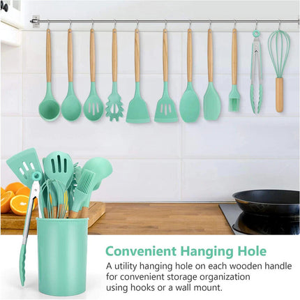 Set of 14 Silicone Utensils Set Wooden Cooking Kitchen Baking Cookware~Green