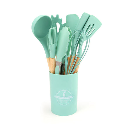 Set of 14 Silicone Utensils Set Wooden Cooking Kitchen Baking Cookware~Green
